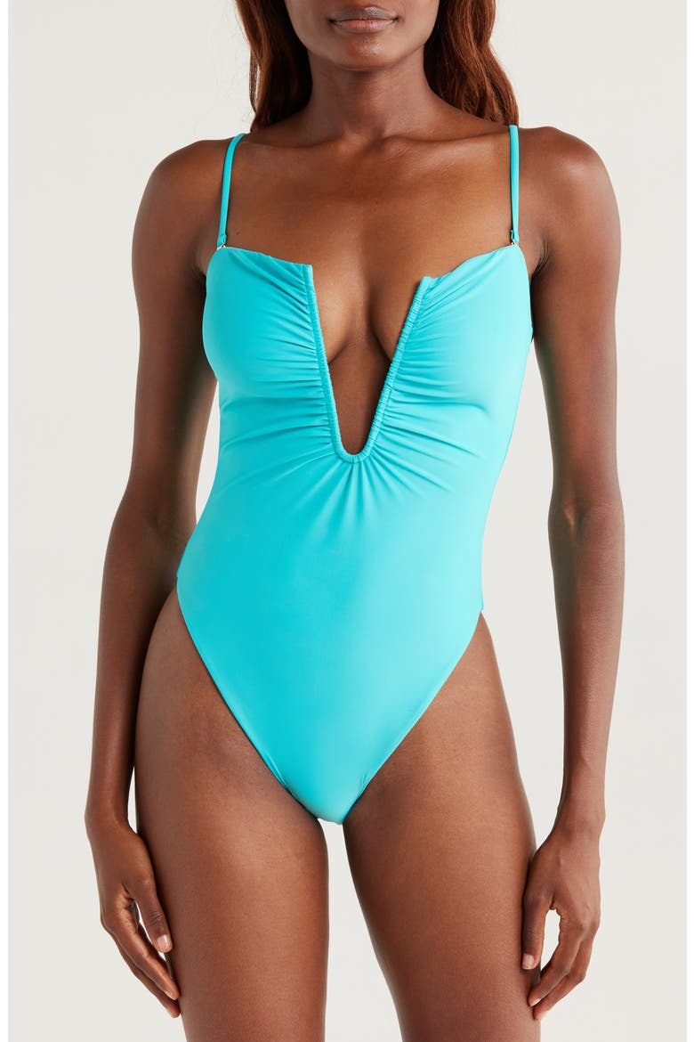 Bianka Plunge One-Piece Swimsuit, Alternate, color, BEACH BLUE