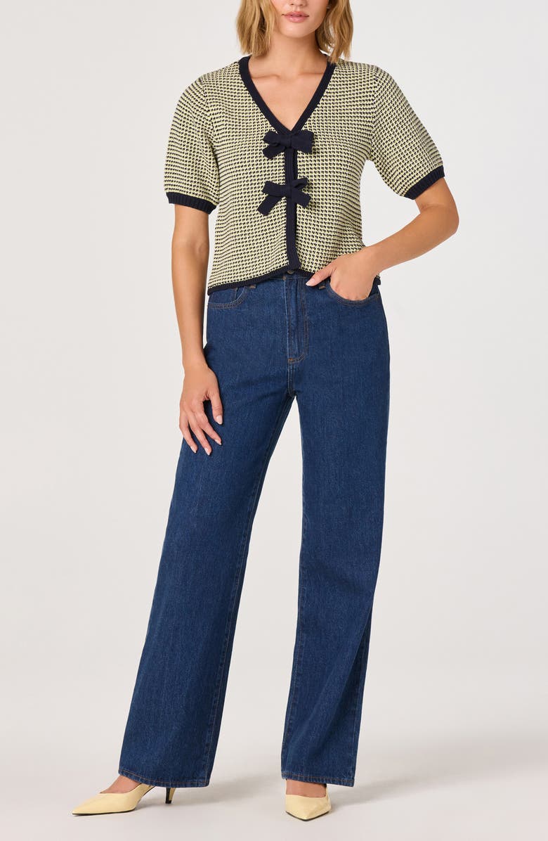 ASTR the Label Bow Short Sleeve Cardigan, Alternate, color, Navy Yellow Chevron