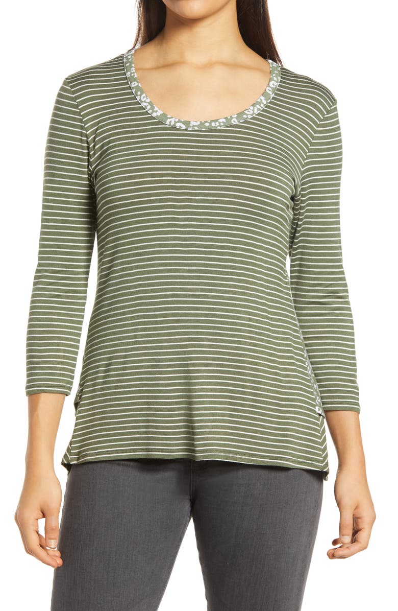 Loveappella Leopard Stripe Peplum Top, Main, color, Olive/ Ivory