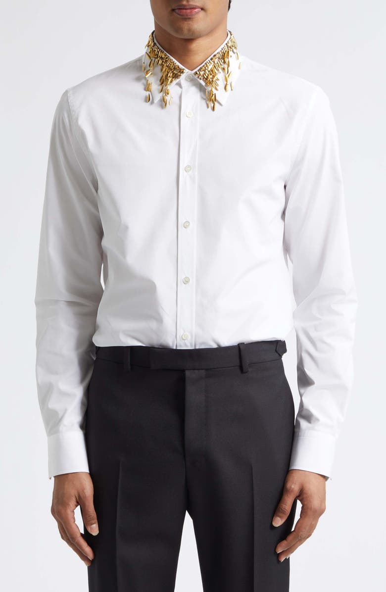 McQueen Gold Leaves & Crystal Embroidered Collar Cotton Poplin Button-Up Shirt, Main, color, White
