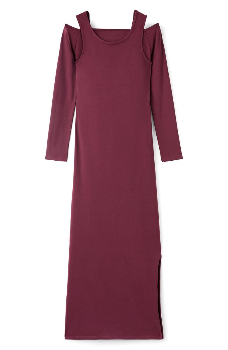 MANGO TEEN Cold Shoulder Stretch Cotton Knit Maxi Dress, Alternate, color, Burgundy