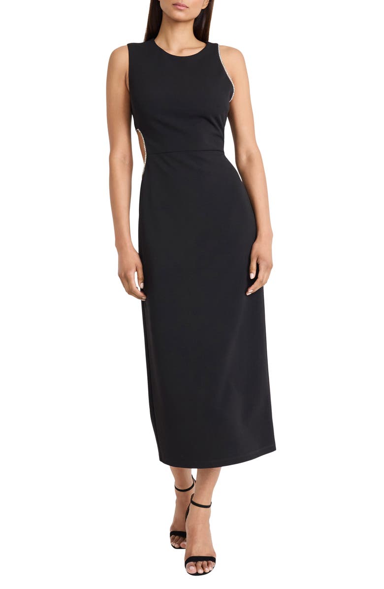 DONNA MORGAN FOR MAGGY Crystal Trim Sleeveless Midi Sheath Dress, Main, color, Black