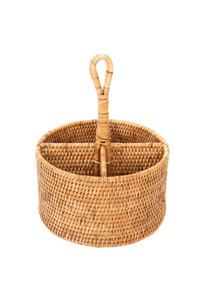 Artifacts Rattan Round 4 section Caddy/Cutlery Holder, Main, color, Honey Brown
