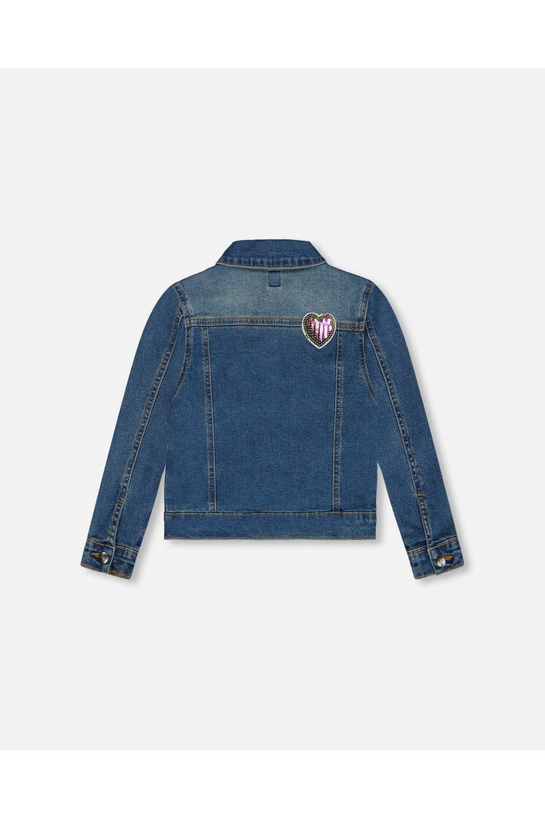 Little Girl's Denim Jacket With Embroidery Patch, Alternate, color, Navy Denim