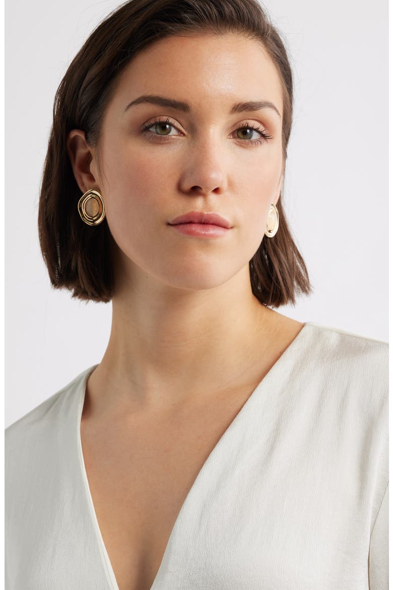 Oval Frame Stud Earrings, Alternate, color, IVORY- GOLD