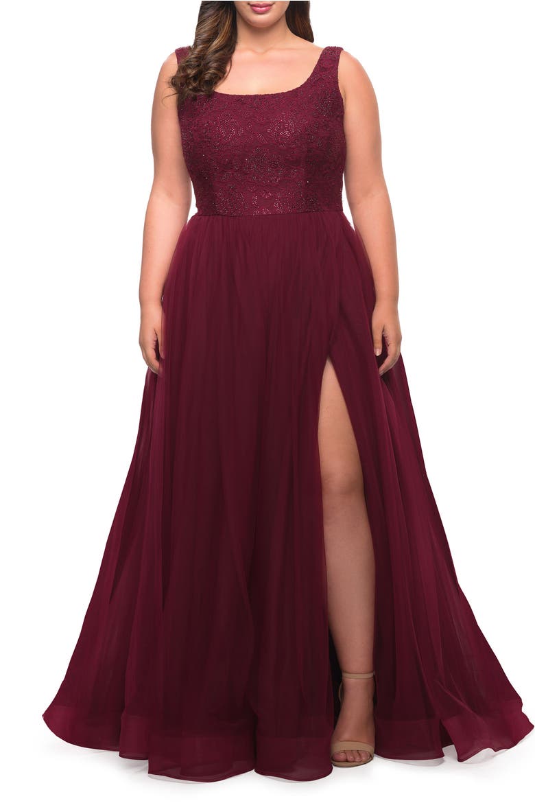 A-line Tulle and Lace Plus Size Gown with Slit, Alternate, color, Dark Berry