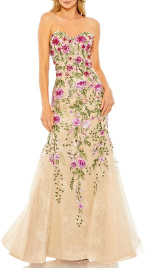Mac Duggal Strapless Sheer Bustier Embroidered Mermaid Gown