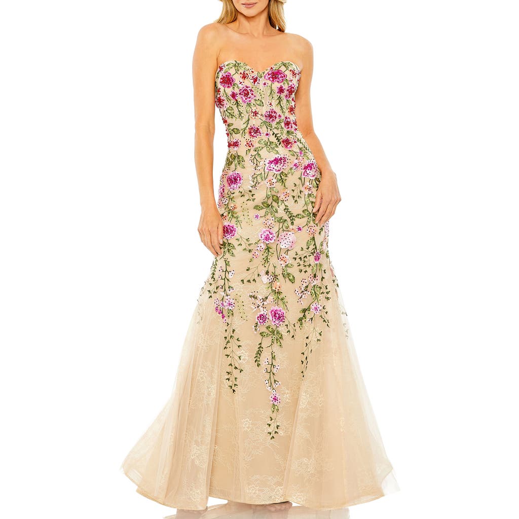 Mac Duggal Strapless Sheer Bustier Embroidered Mermaid Gown In Pink Multi
