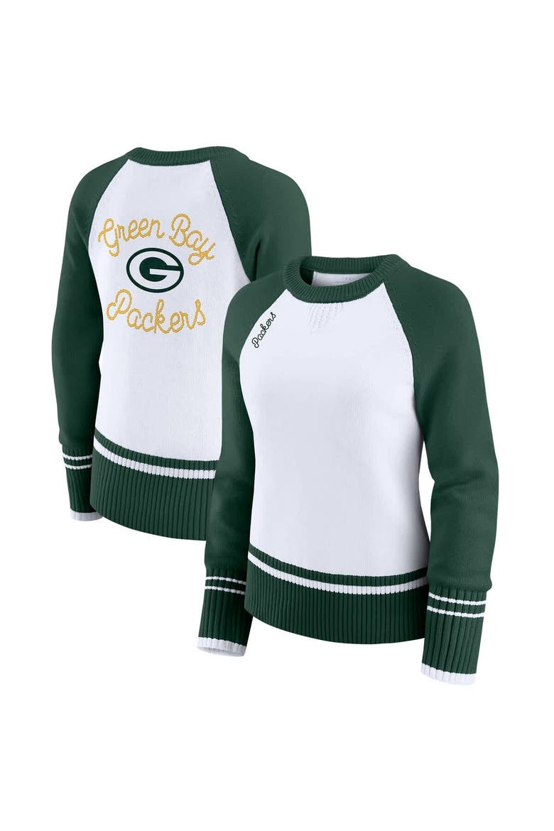 Women's WEAR by Erin Andrews White/Green Green Bay Packers Colorblock Raglan Sweater, Main, color, White