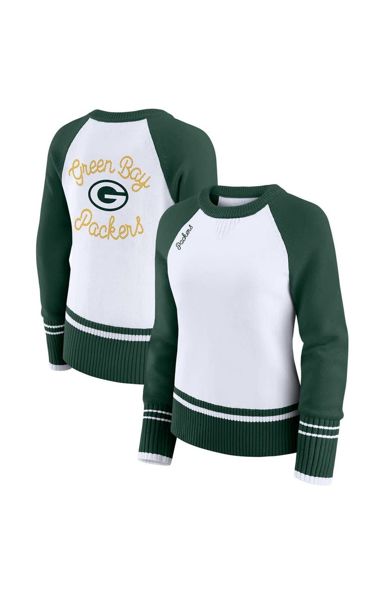 WEAR by Erin Andrews Women's WEAR by Erin Andrews White/Green Green Bay Packers Colorblock Raglan Sweater, Main, color, White