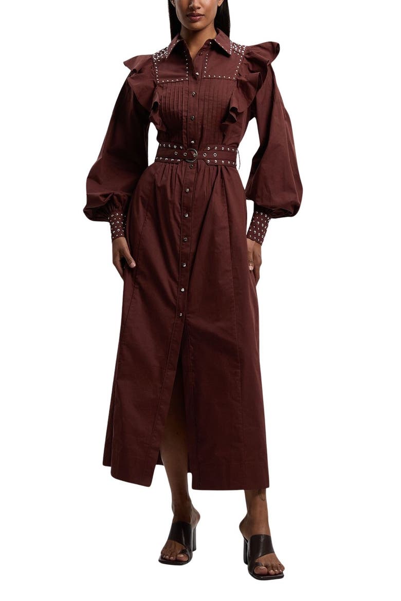 Cotton Studded Maxi Shirt Dress, Alternate, color, Chocolate