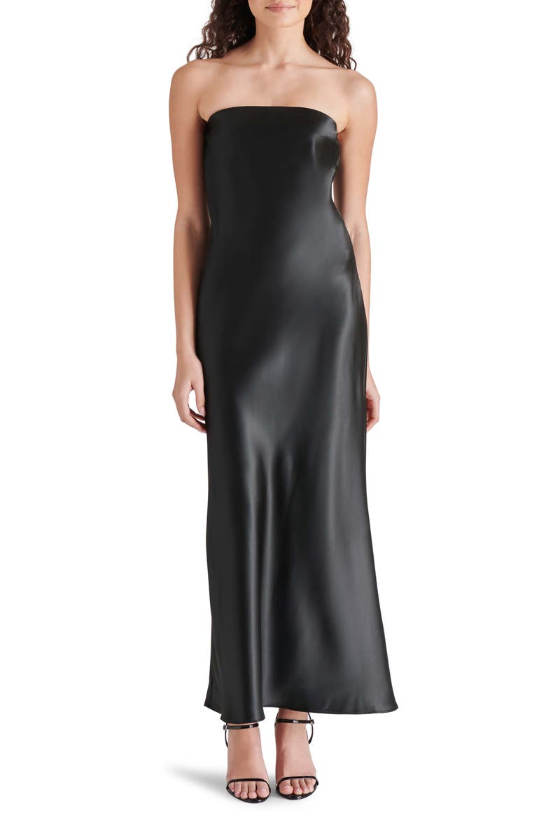 Jessamine Strapless Stretch Satin Dress, Main, color, BLACK