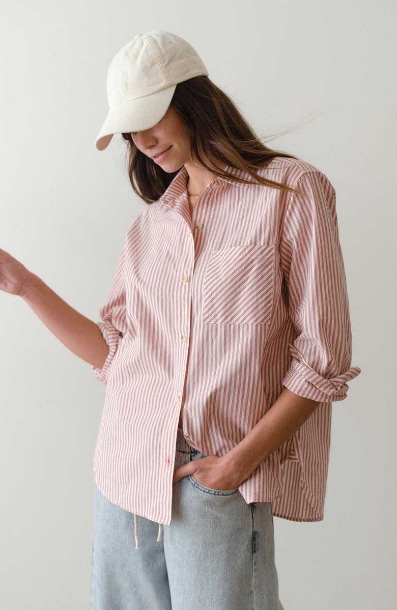 Marine Layer Jane California Relaxed Stripe Cotton Poplin Button-Up Shirt, Alternate, color, Rust Stripe