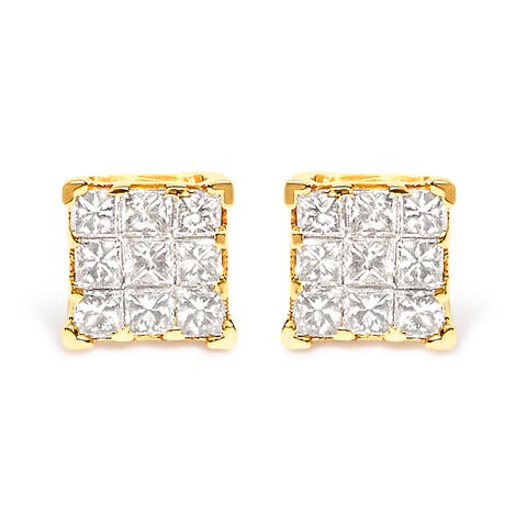 14K Yellow Gold 1/2 Ct Invisible Princess 9 Stone Square Stud Earrings