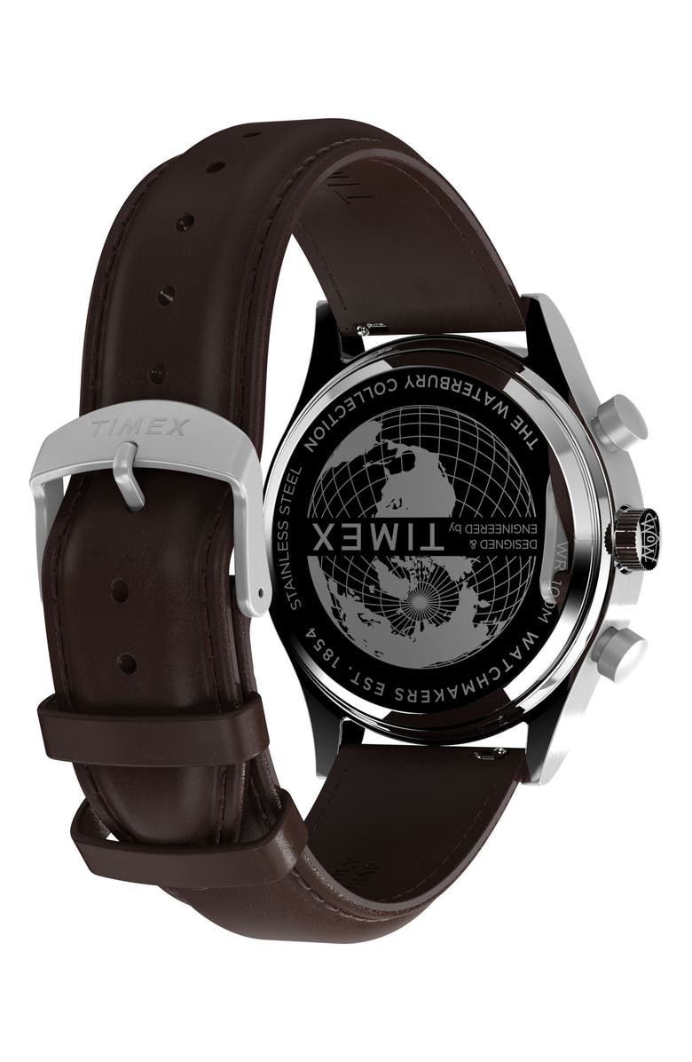 Timex<sup>®</sup> Waterbury Traditional Fly Back Chronograph Leather Strap Watch, 43mm, Alternate, color, Brown