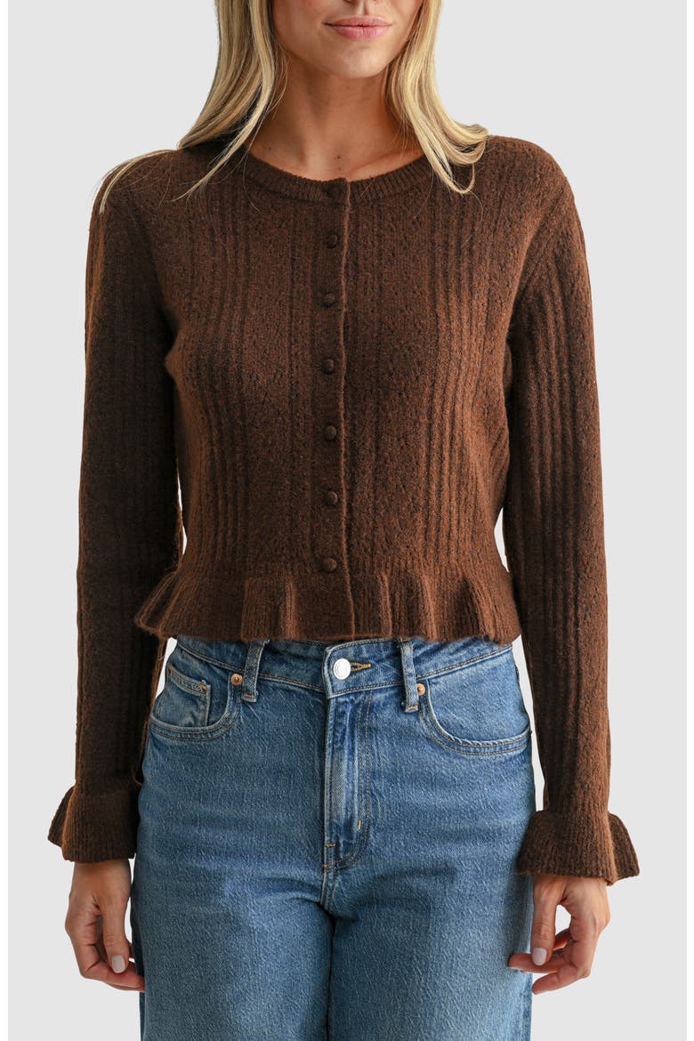 Pointelle Peplum Cardigan, Main, color, DARK BROWN