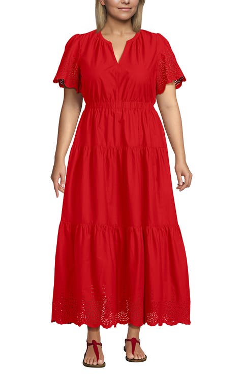 Plus Size Tiered Cotton Poplin Eyelet Maxi Dress