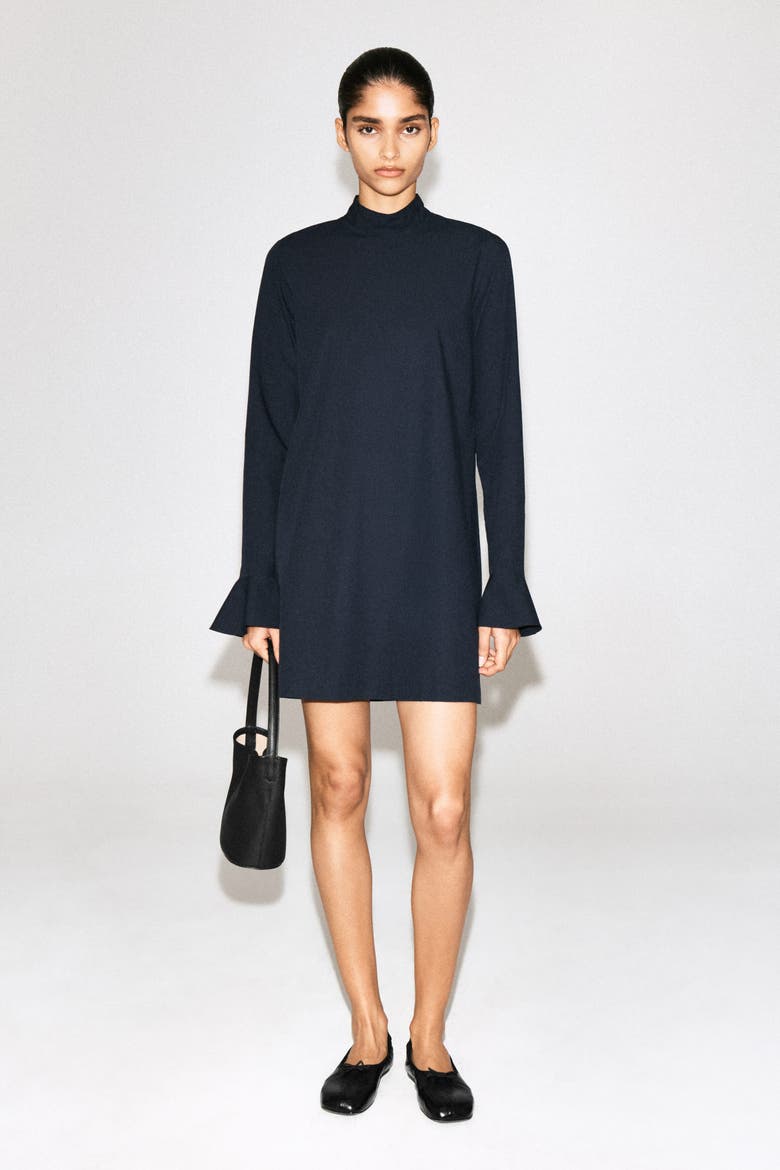 Flared-cuff Cotton Mini Dress, Alternate, color, NAVY