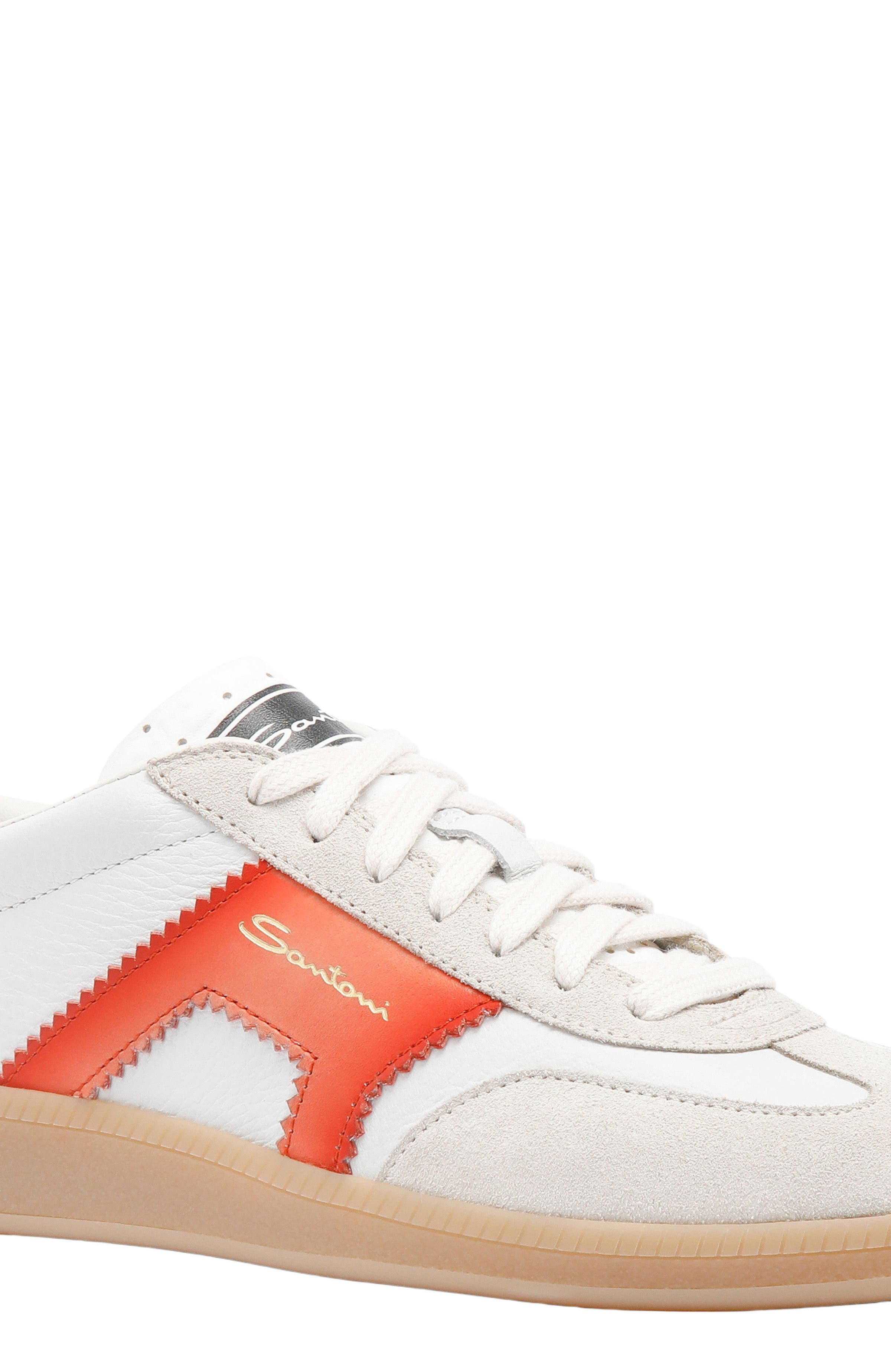 Santoni Women's leather and suede DBS Oly sneaker, Alternate, color, White/ Orange