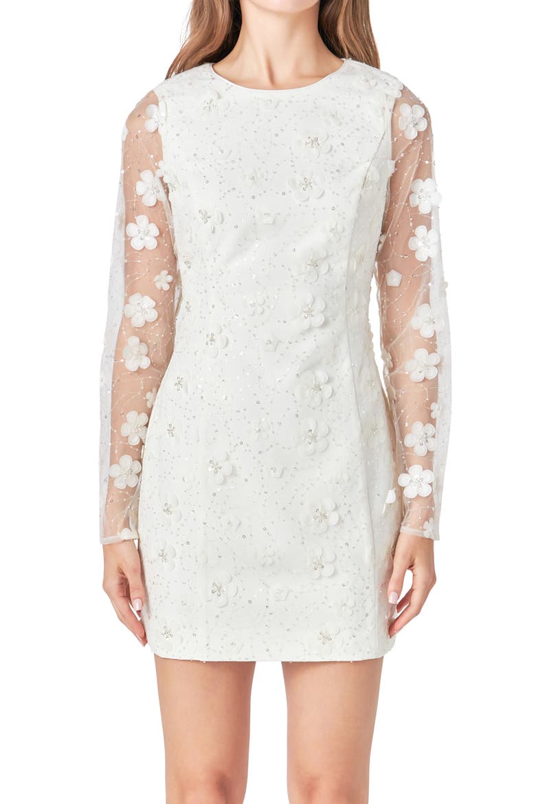 Floral Appliqué Beaded Long Sleeve Minidress, Alternate, color, CREAM
