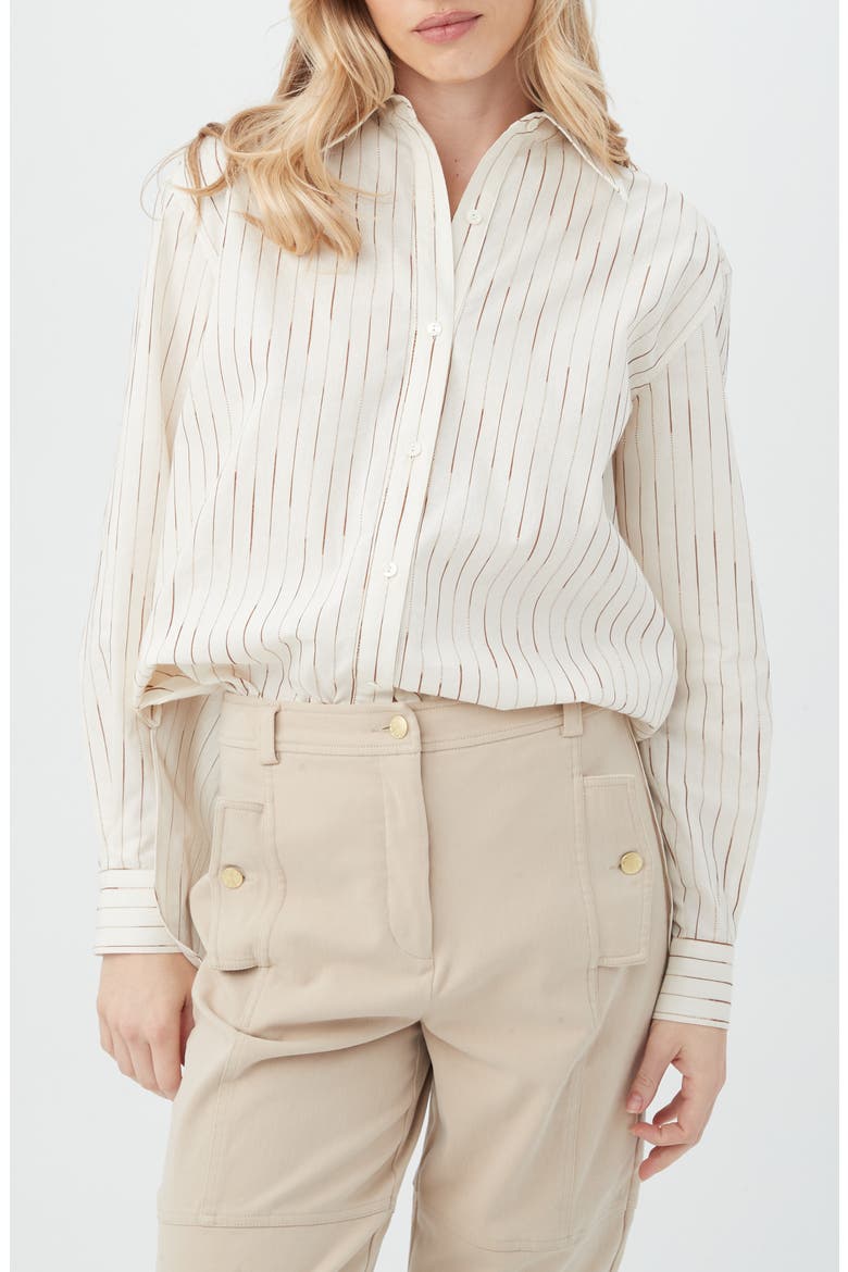 Litsa Silk Blend Button-Up Shirt, Main, color, OFF WHITE/ CAMEL