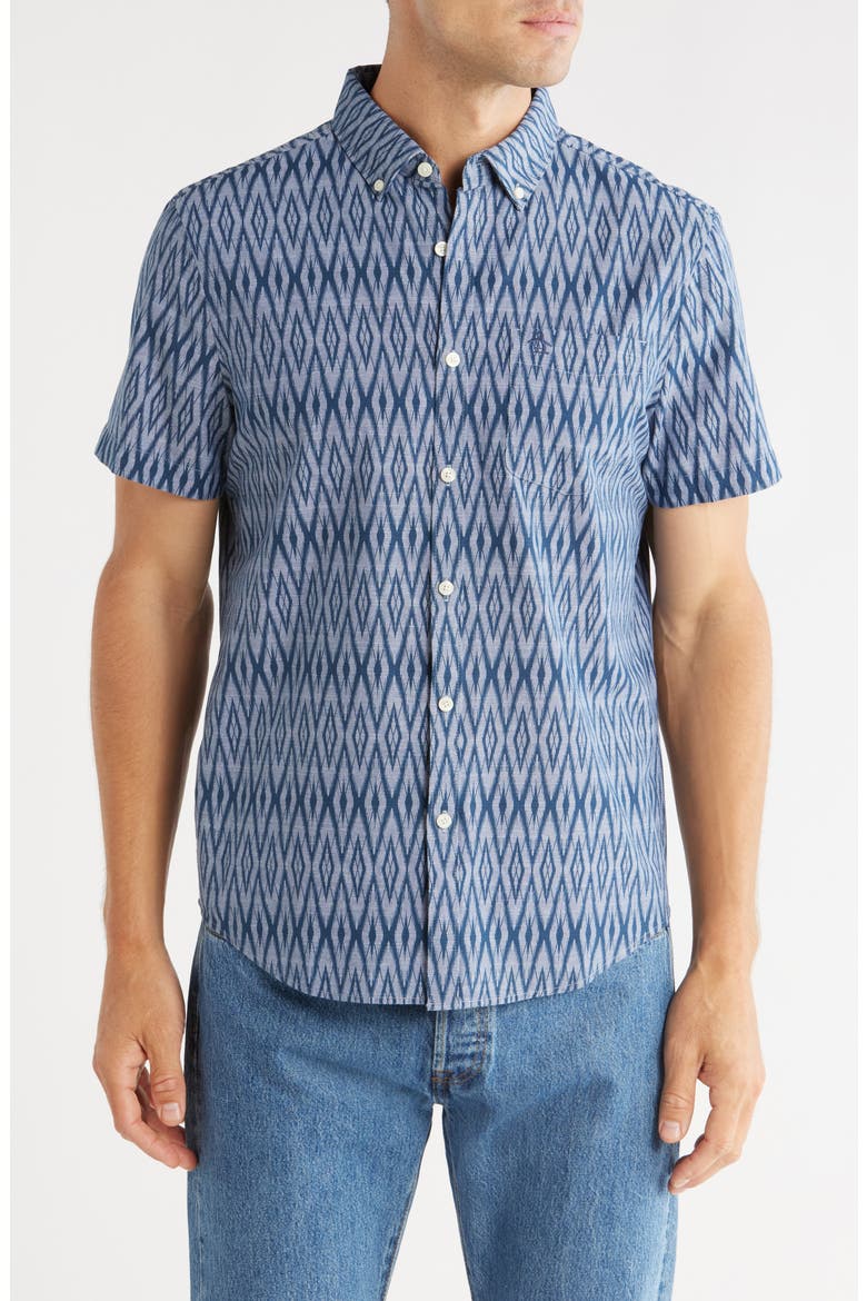 Geometric Print Stretch Cotton Button-Up Shirt, Main, color, SARGASSO SEA