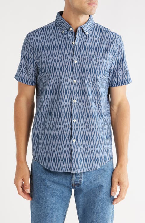 Geometric Print Stretch Cotton Button-Up Shirt