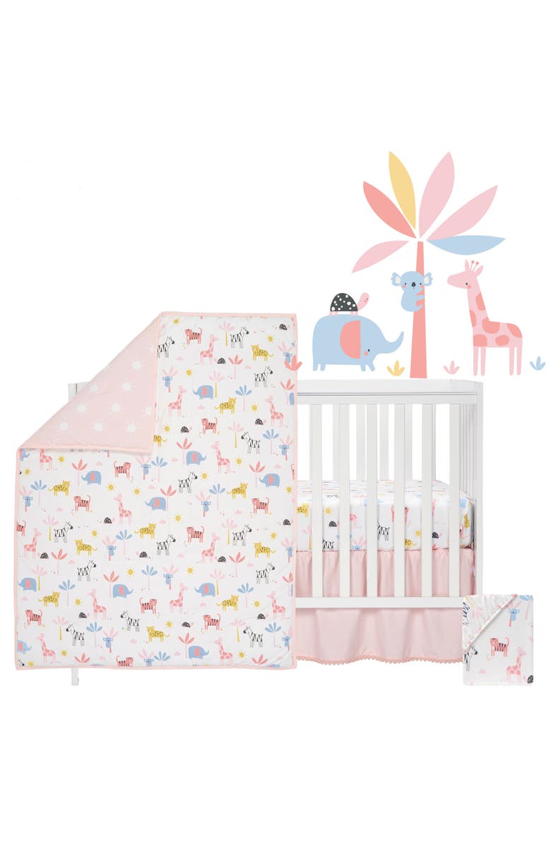 Lambs & Ivy Snuggle Jungle Pastel Safari Cotton Jersey 5-Piece Crib Bedding Set, Main, color, Pink
