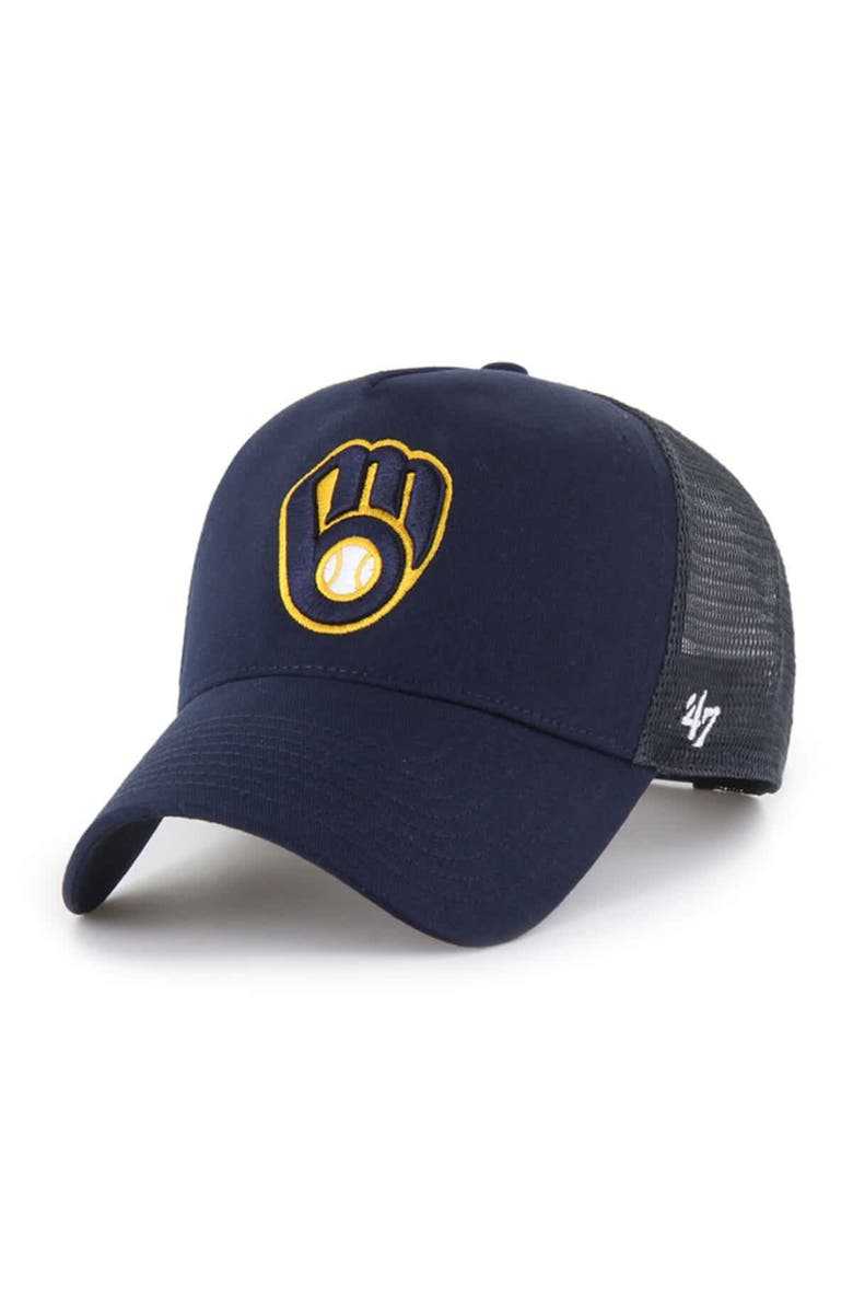'47 Men's '47 Navy Milwaukee Brewers Ballpark Offside Adjustable Trucker Hat, Main, color,