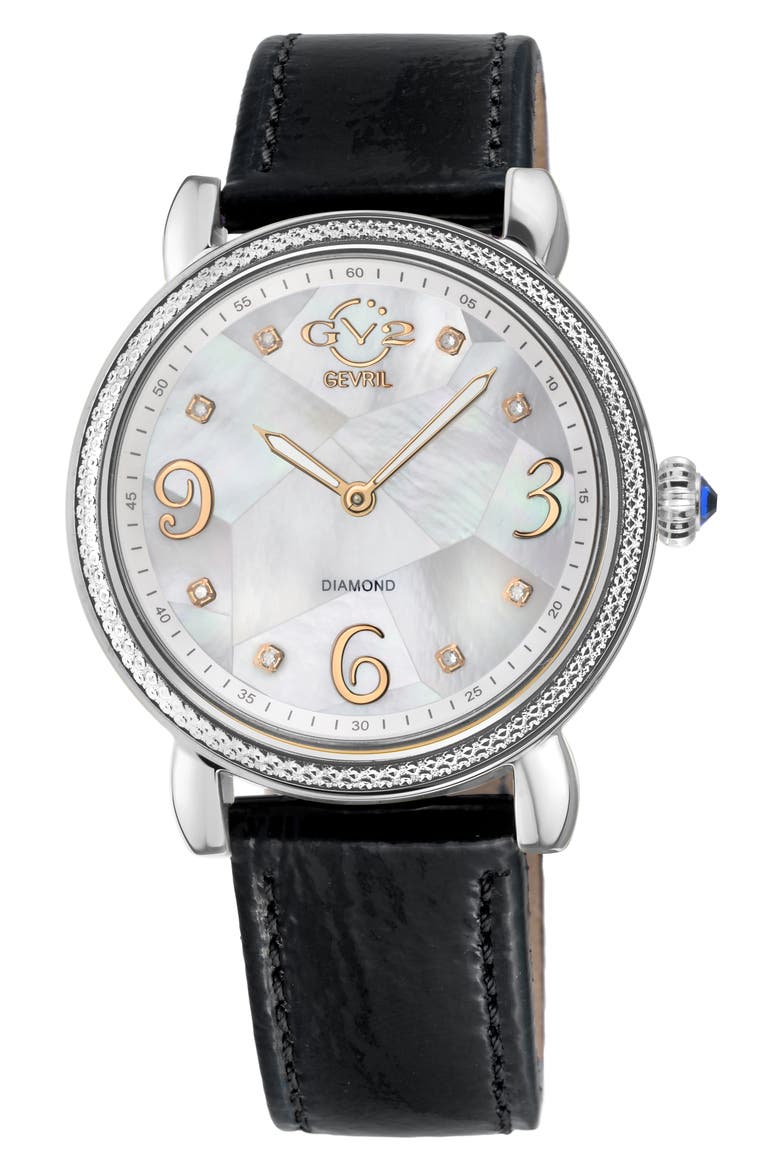 Ravenna Swiss Quartz Diamond Accent Leather Strap Watch, 37mm, Main, color, BLACK