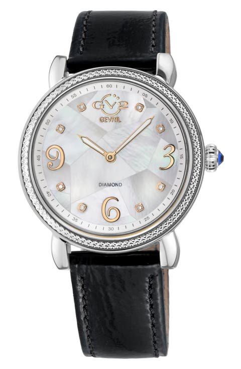 Ravenna Swiss Quartz Diamond Accent Leather Strap Watch, 37mm