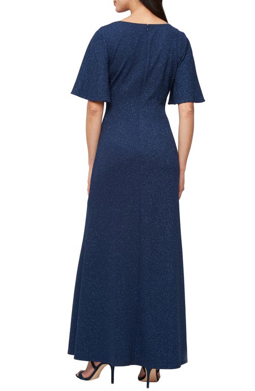 Shop Sl Fashions Asymmetric Flutter Sleeve Ruched Shimmer Crepe Gown In Navy