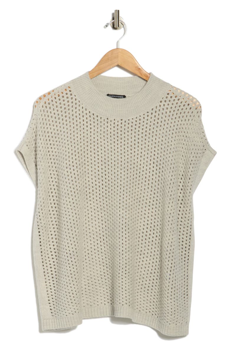 Open Stitch Mock Neck Short Sleeve Wool Sweater, Alternate, color, SEA SALT