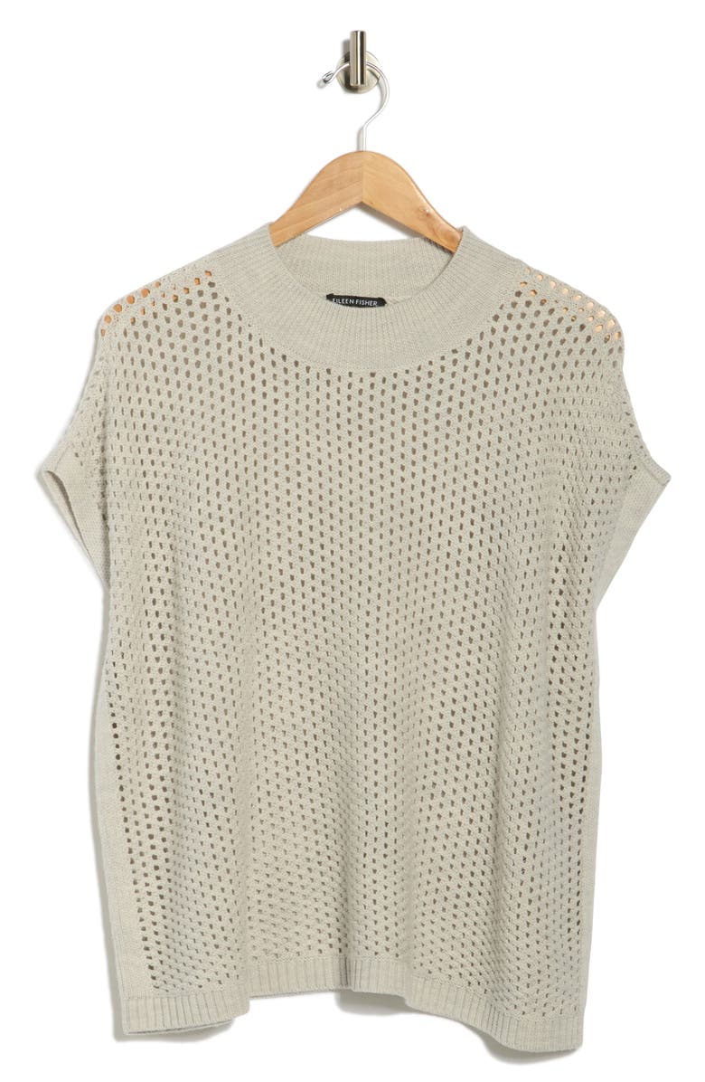Eileen Fisher Open Stitch Mock Neck Short Sleeve Wool Sweater, Alternate, color, Sea Salt