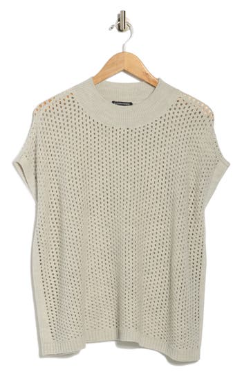 Eileen Fisher Open Stitch Mock Neck Short Sleeve Wool Sweater In Gray