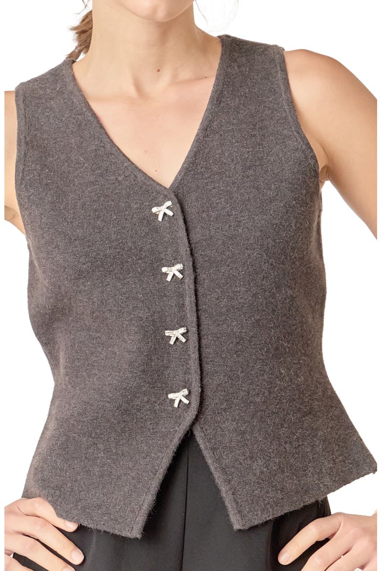 Rhinestone Bow V-Neck Knit Vest, Alternate, color, CHARCOAL