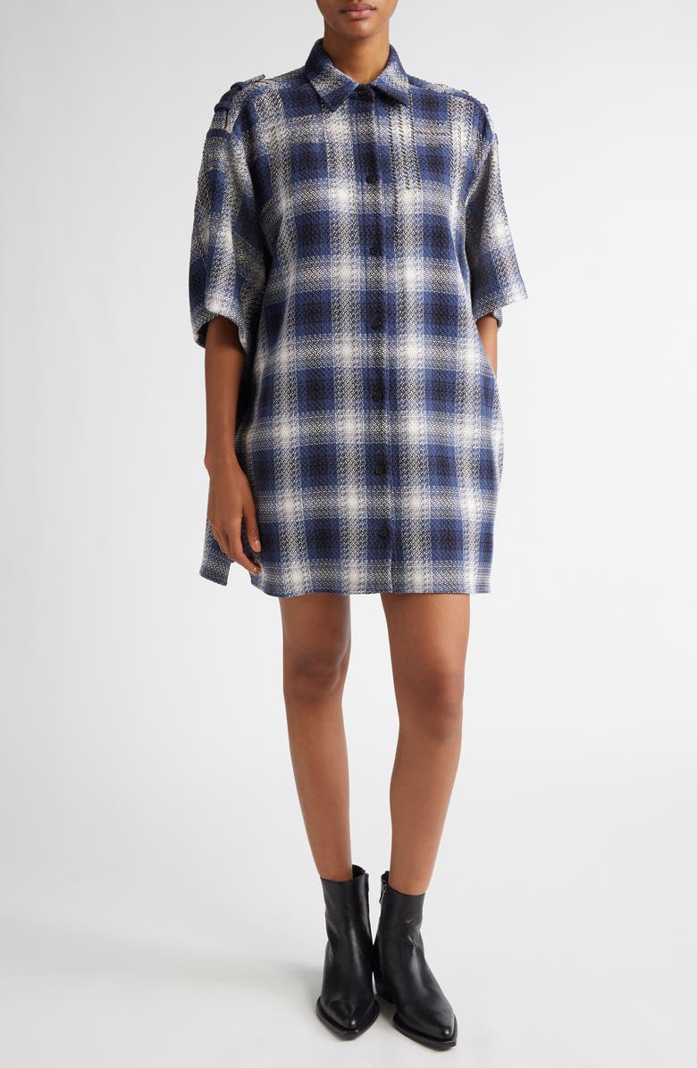 Golden Goose Embroidered Plaid Oversize Short Sleeve Button-Up Shirt, Main, color,