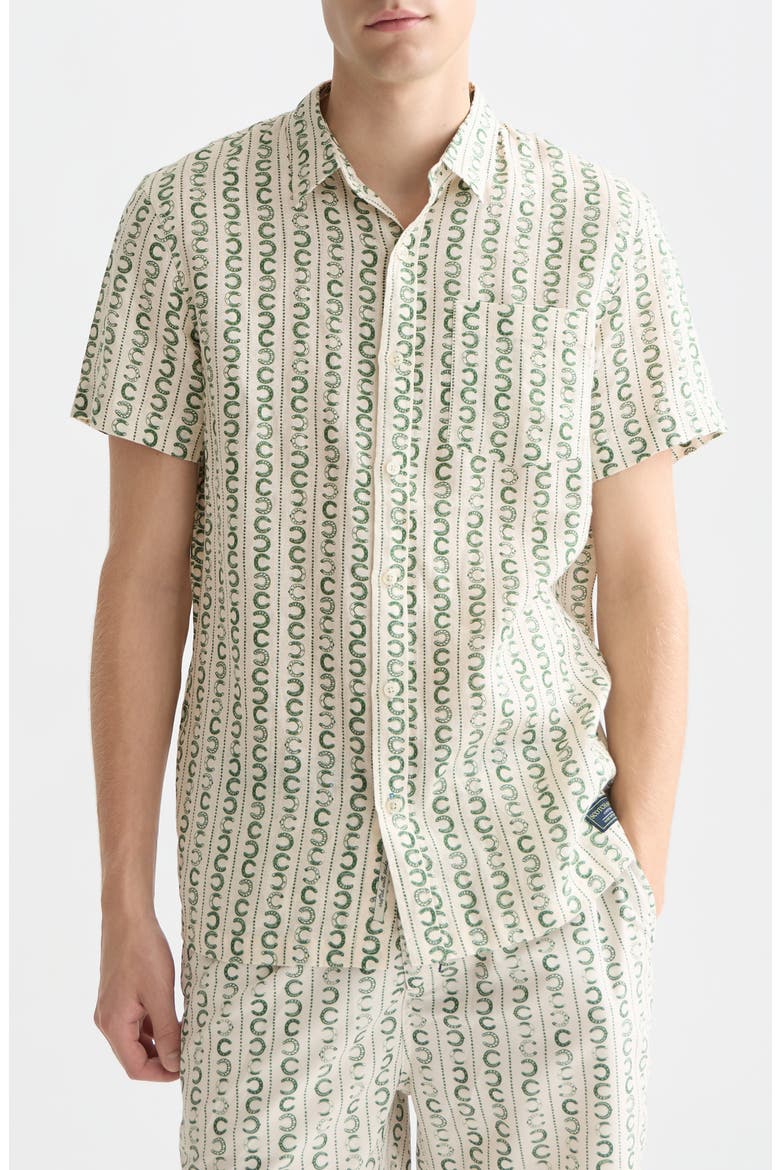 Horseshoe Print Short Sleeve Linen Button-Up Shirt, Main, color, HORSESHOE STRIPE EGG