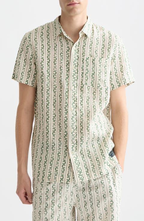 Horseshoe Pringt Short Sleeve Linen Button-Up Shirt