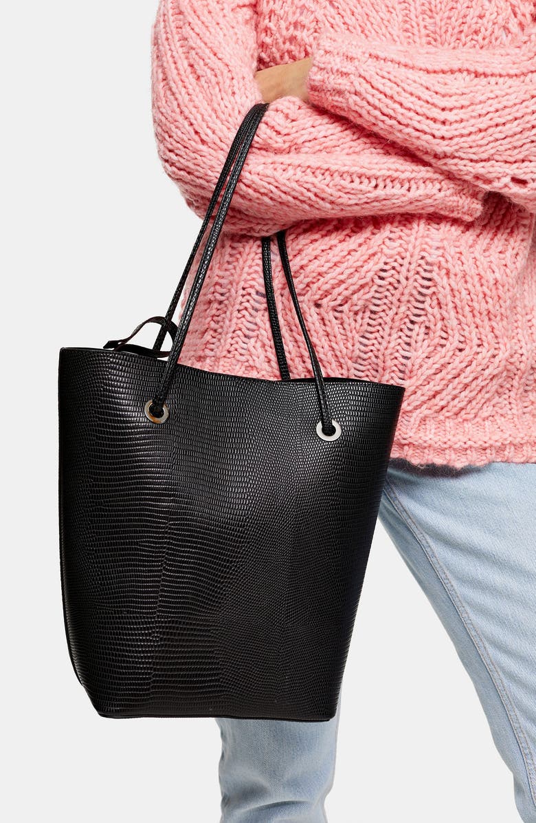Topshop Salt Lizard Embossed Faux Leather Tote, Alternate, color,