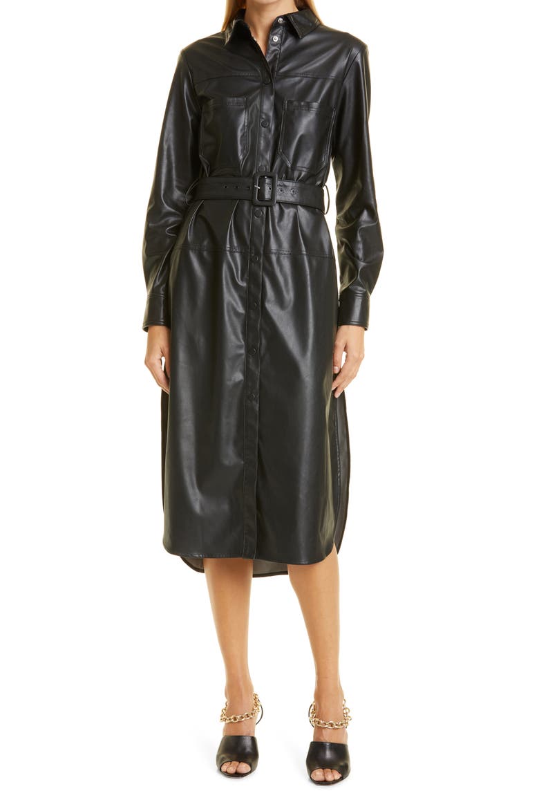 Barrkir Long Sleeve Faux Leather Shirtdress, Main, color, BLACK