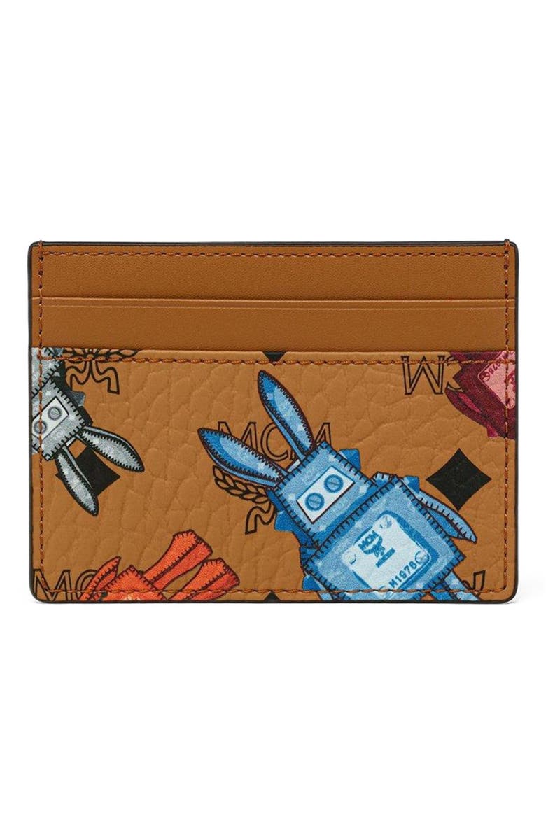 MCM Aren Card Case in Rabot Visetos, Main, color, Cognac