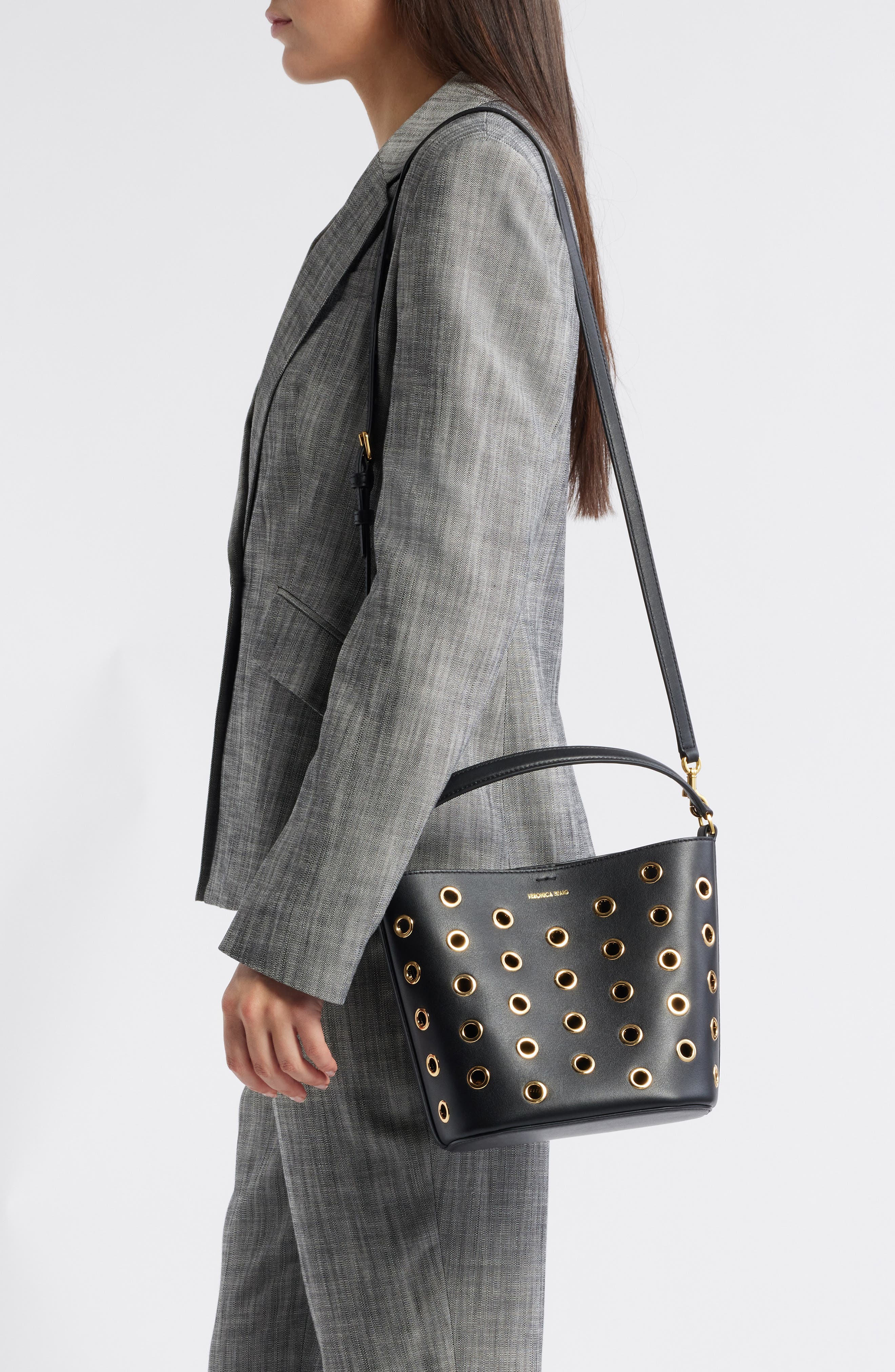 Veronica Beard Small Grommet Satchel, Alternate, color, Black Gold