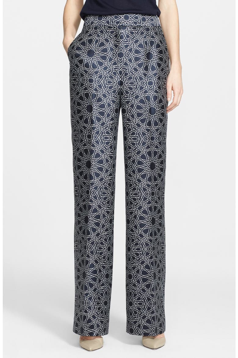 Geo Print High Waist Wool & Silk Pants, Main, color, NAVY INTERLOCK GEO PRINT