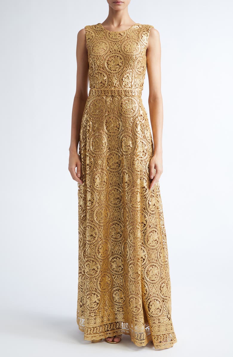 Emilia Wickstead Torres Metallic Guiure Lace Gown, Main, color, Gold
