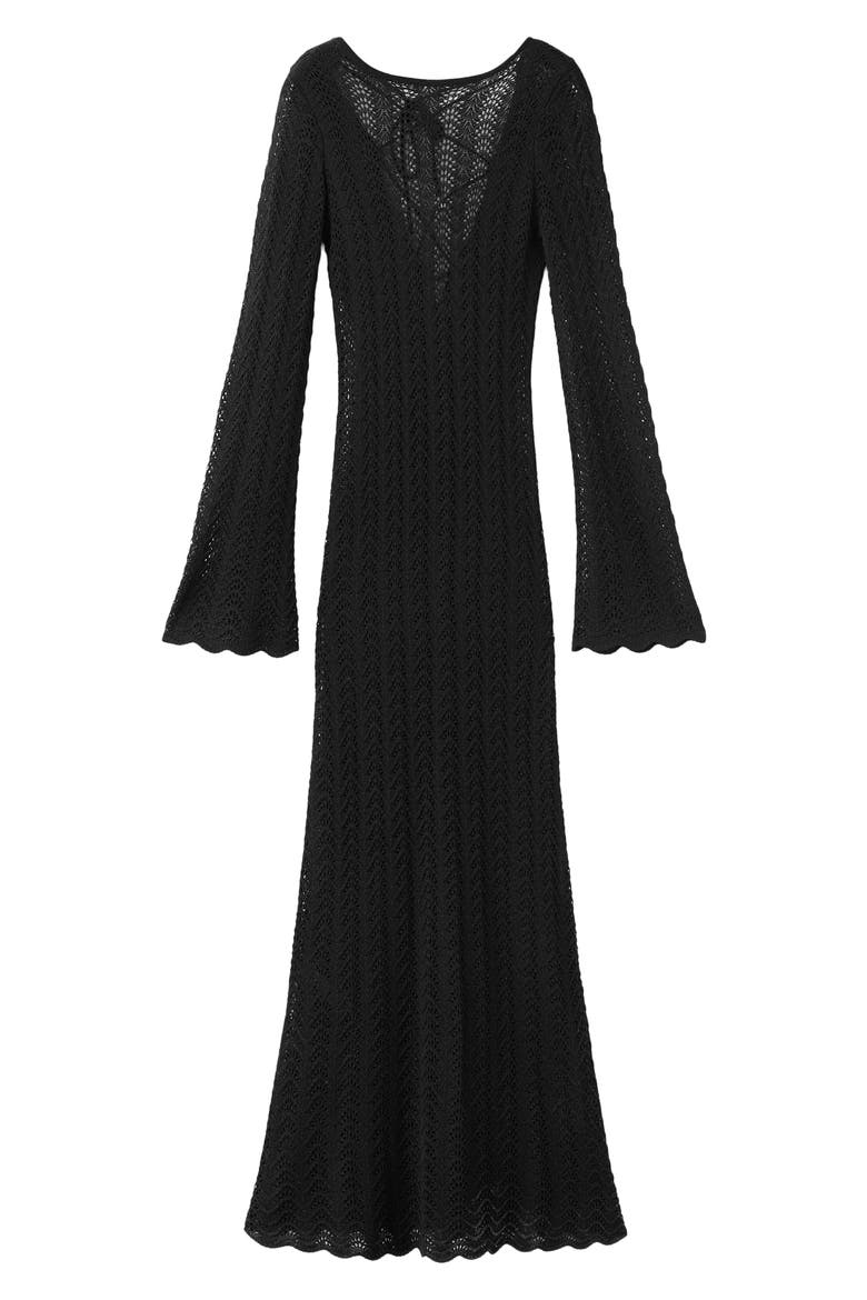 Lace-Up Open Back Long Sleeve Sheer Pointelle Maxi Dress, Main, color, BLACK