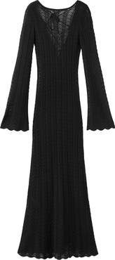 MANGO Lace-Up Open Back Long Sleeve Sheer Pointelle Maxi Dress