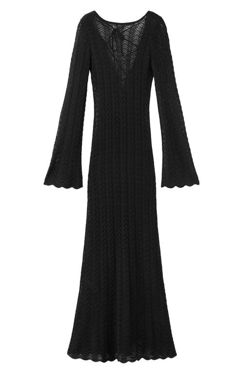 Mango Lace-up Open Back Long Sleeve Sheer Pointelle Maxi Dress In Black
