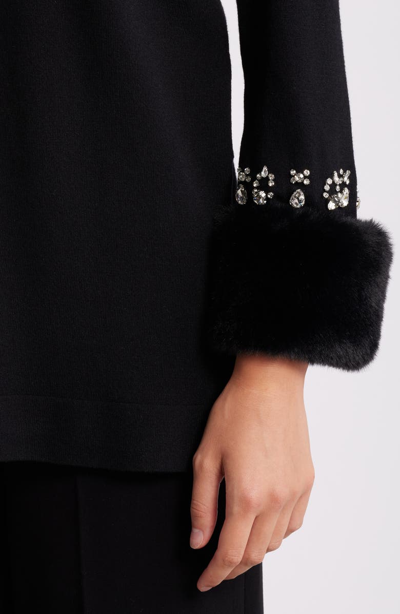 Anne Klein Crystal & Faux Fur Trim Tunic Sweater, Alternate, color,