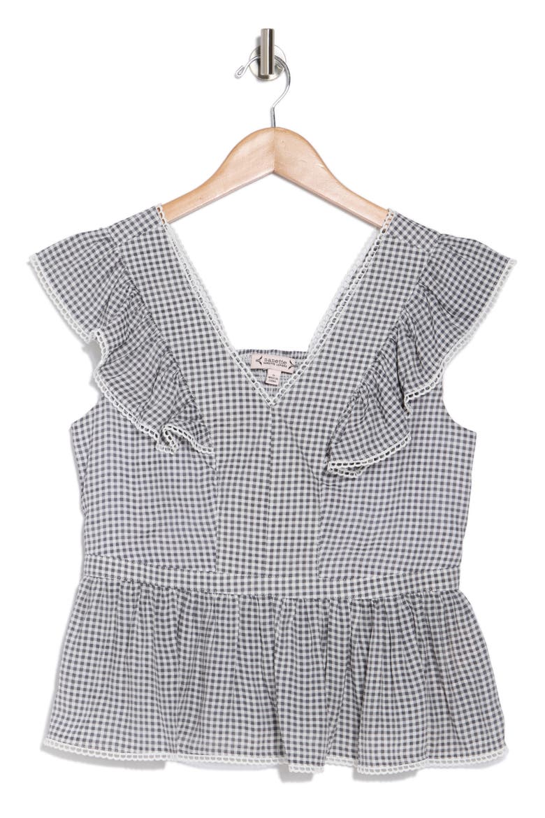 V-Neck Flutter Sleeve Peplum Top, Alternate, color, BLACK/ WHITE
